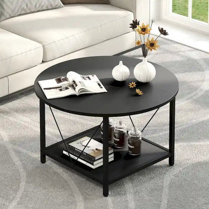 Moasis Industrial 2-Tier Round Coffee Table with Shelf