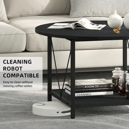 Moasis Industrial 2-Tier Round Coffee Table with Shelf