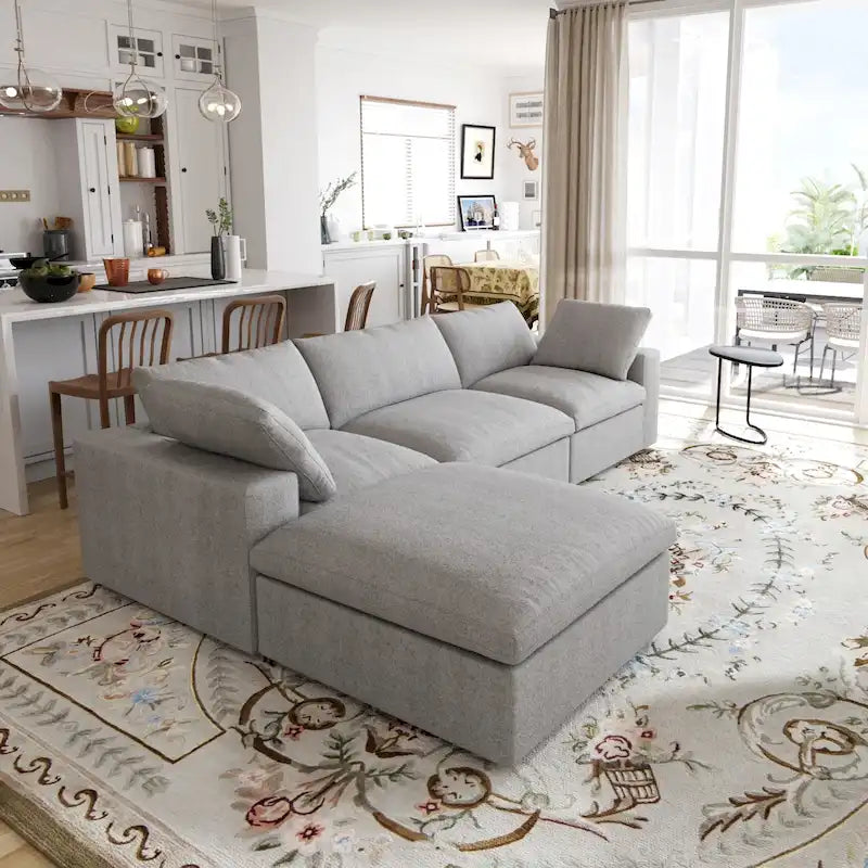 L-shape Linen Sectional Sofa Upholstered Sofa Multiple Cushions Couch with Storage Ottoman