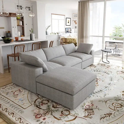 L-shape Linen Sectional Sofa Upholstered Sofa Multiple Cushions Couch with Storage Ottoman