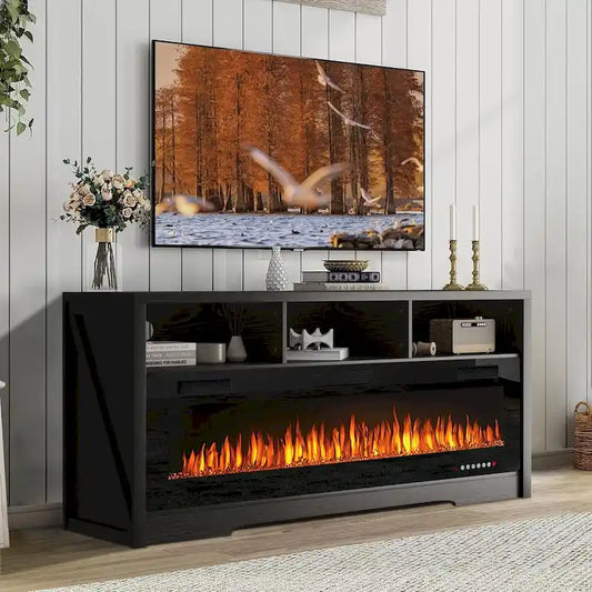 BOSSIN Fireplace 65 TV Stand for TVs Up to 75 TV with 60 Electric Fireplace,Entertainment Center with Open Shelve Storage