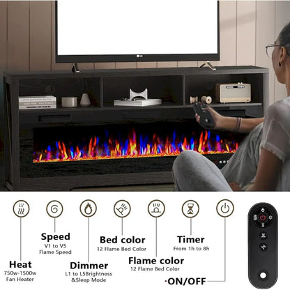 BOSSIN Fireplace 65 TV Stand for TVs Up to 75 TV with 60 Electric Fireplace,Entertainment Center with Open Shelve Storage
