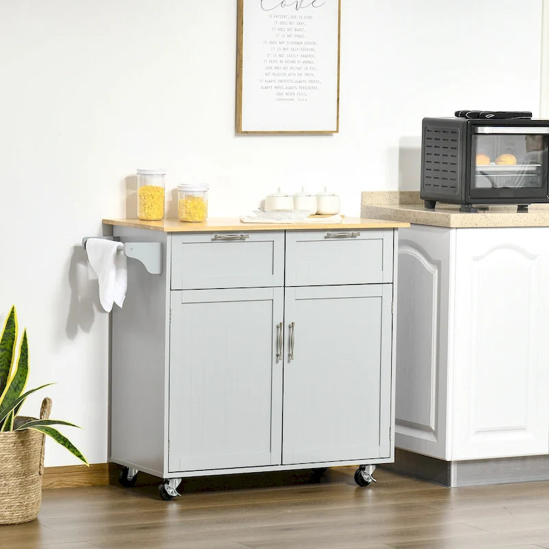 HOMCOM 41 Modern Rolling Kitchen Island, Kitchen Storage Utility Cart Trolley with Rubberwood Top, 2 Drawers, and Towel Rack