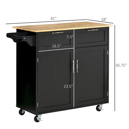 HOMCOM 41 Modern Rolling Kitchen Island, Kitchen Storage Utility Cart Trolley with Rubberwood Top, 2 Drawers, and Towel Rack