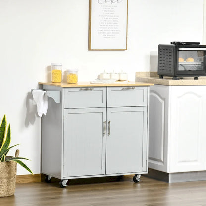 HOMCOM 41 Modern Rolling Kitchen Island, Kitchen Storage Utility Cart Trolley with Rubberwood Top, 2 Drawers, and Towel Rack