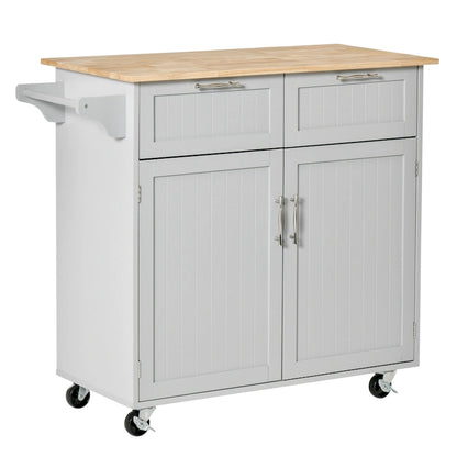 HOMCOM 41 Modern Rolling Kitchen Island, Kitchen Storage Utility Cart Trolley with Rubberwood Top, 2 Drawers, and Towel Rack