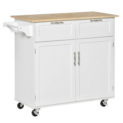 HOMCOM 41 Modern Rolling Kitchen Island, Kitchen Storage Utility Cart Trolley with Rubberwood Top, 2 Drawers, and Towel Rack