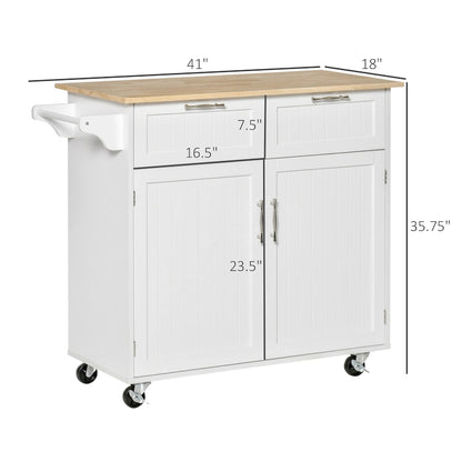 HOMCOM 41 Modern Rolling Kitchen Island, Kitchen Storage Utility Cart Trolley with Rubberwood Top, 2 Drawers, and Towel Rack