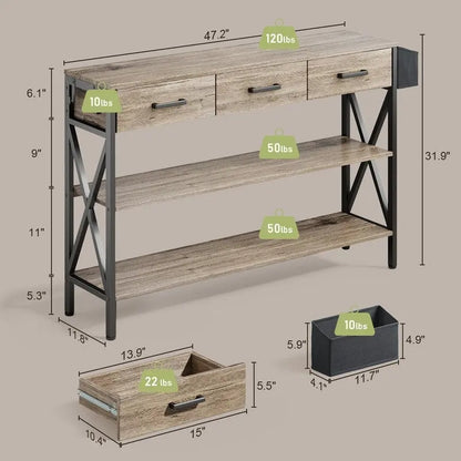 Console Table with 3 Drawers, Entryway Sofa Table with 3 Tier Storage Shelves