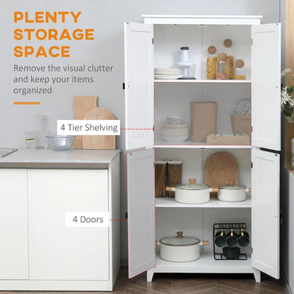 HOMCOM 72 Freestanding 4-Door Kitchen Pantry, Storage Cabinet Organizer with 4-Tiers, and Adjustable Shelves, White