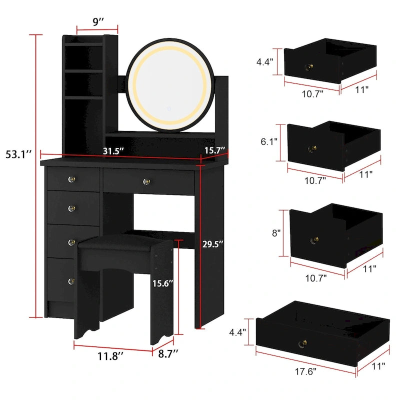 Makeup Vanity Dressing Table, Vanity Mirror with Lights and Table Set - 52H