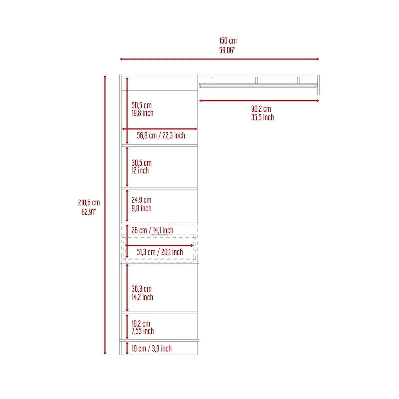 TUHOME Manchester 150 Closet System with Metal Rod, 5 Open Shelves, and 1 Drawer - N/A