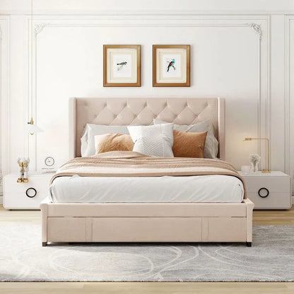 Queen Size Platform Bed with Wingback Headboard and a Big Drawer
