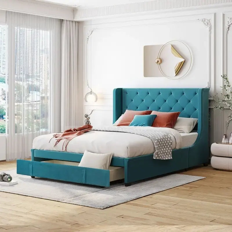 Queen Size Platform Bed with Wingback Headboard and a Big Drawer