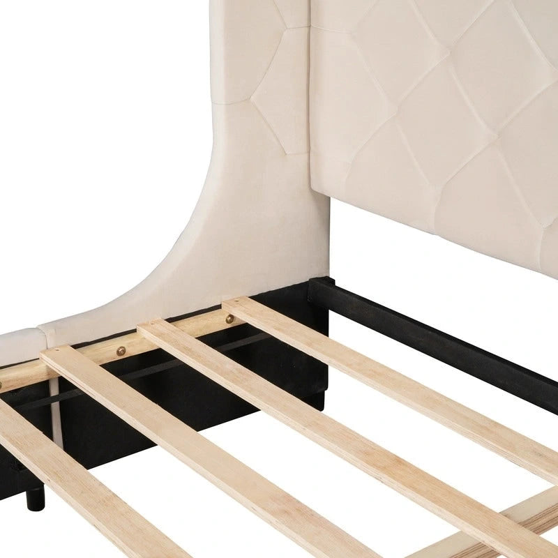 Queen Size Platform Bed with Wingback Headboard and a Big Drawer