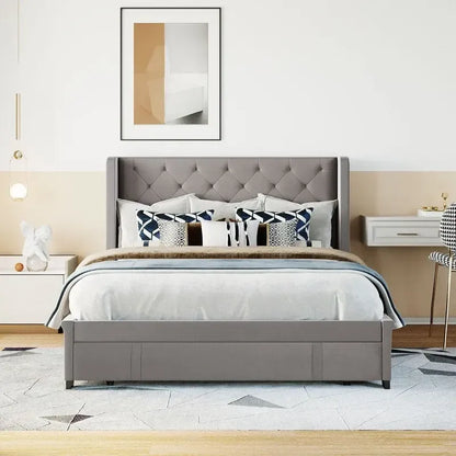 Queen Size Platform Bed with Wingback Headboard and a Big Drawer