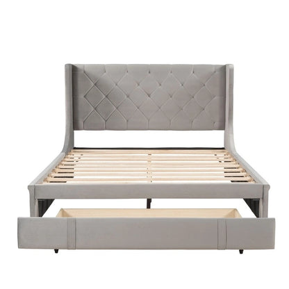 Queen Size Platform Bed with Wingback Headboard and a Big Drawer