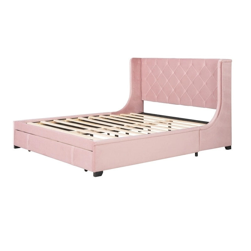 Queen Size Platform Bed with Wingback Headboard and a Big Drawer