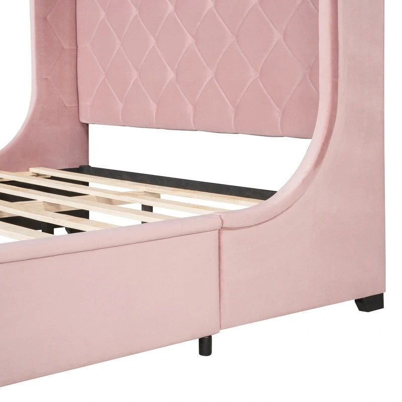 Queen Size Platform Bed with Wingback Headboard and a Big Drawer