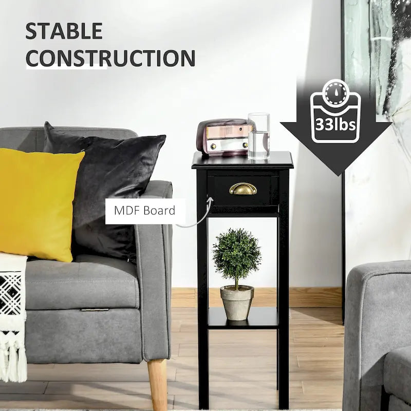 HOMCOM 2-Tier Night Stand with Drawer, Narrow End Table with Bottom Shelf, for Living Room or Bedroom