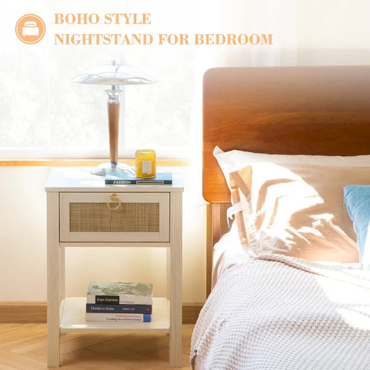 SICOTAS Farmhouse 1-Drawer Rattan Nightstand Set of 2