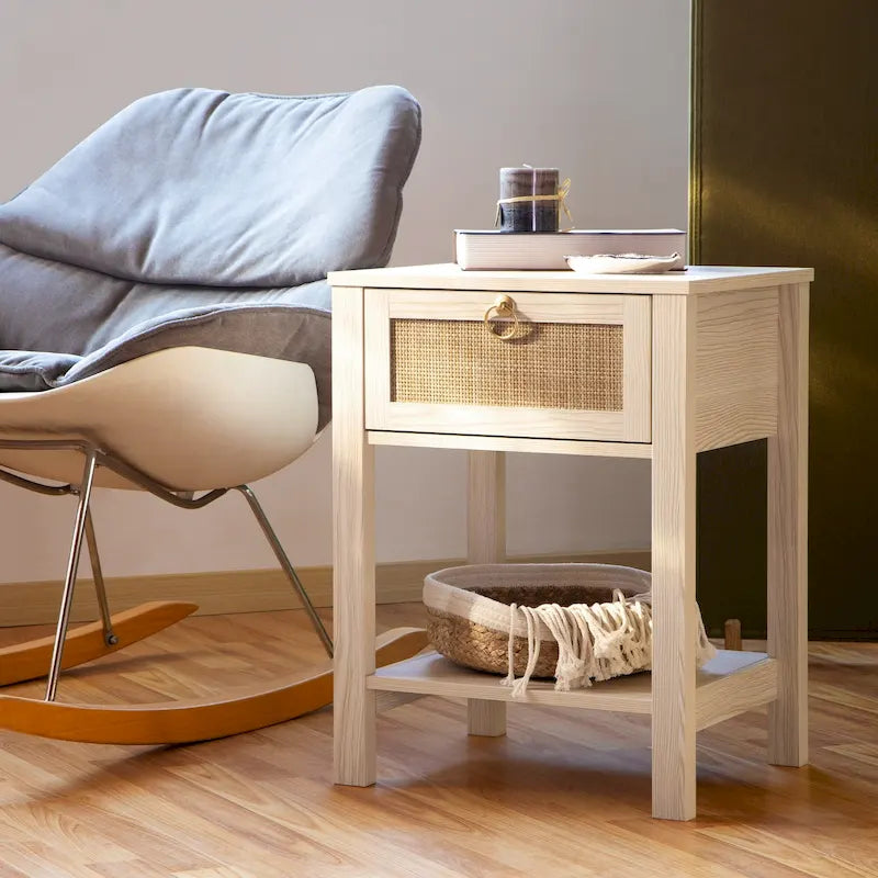SICOTAS Farmhouse 1-Drawer Rattan Nightstand Set of 2