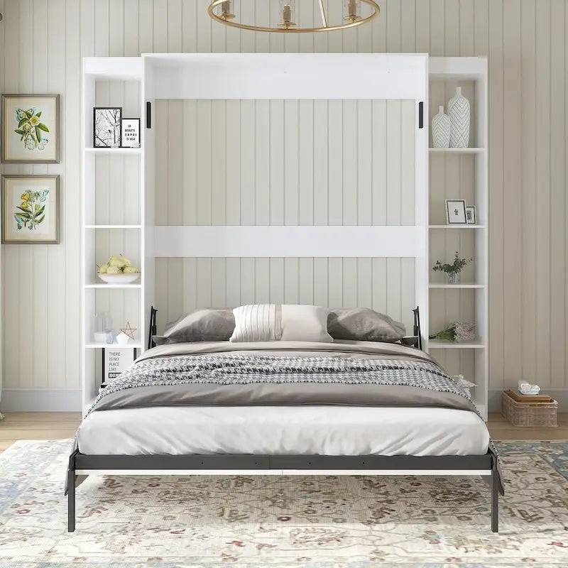 Mixoy Murphy Bed,Folding Wall Bed with 2 Side Cabinet Shelves