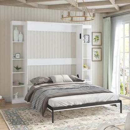 Mixoy Murphy Bed,Folding Wall Bed with 2 Side Cabinet Shelves