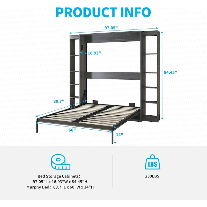 Mixoy Murphy Bed,Folding Wall Bed with 2 Side Cabinet Shelves