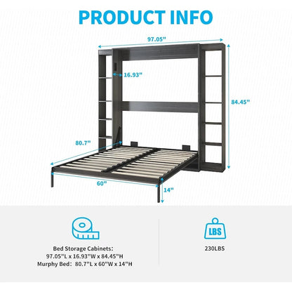 Mixoy Murphy Bed,Folding Wall Bed with 2 Side Cabinet Shelves