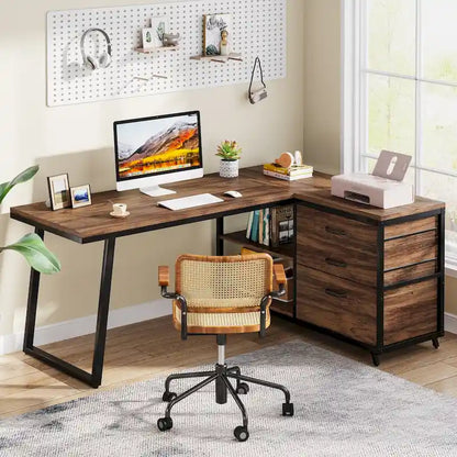 Reversible L Shaped Desk With File Drawers, Corner Computer Desk