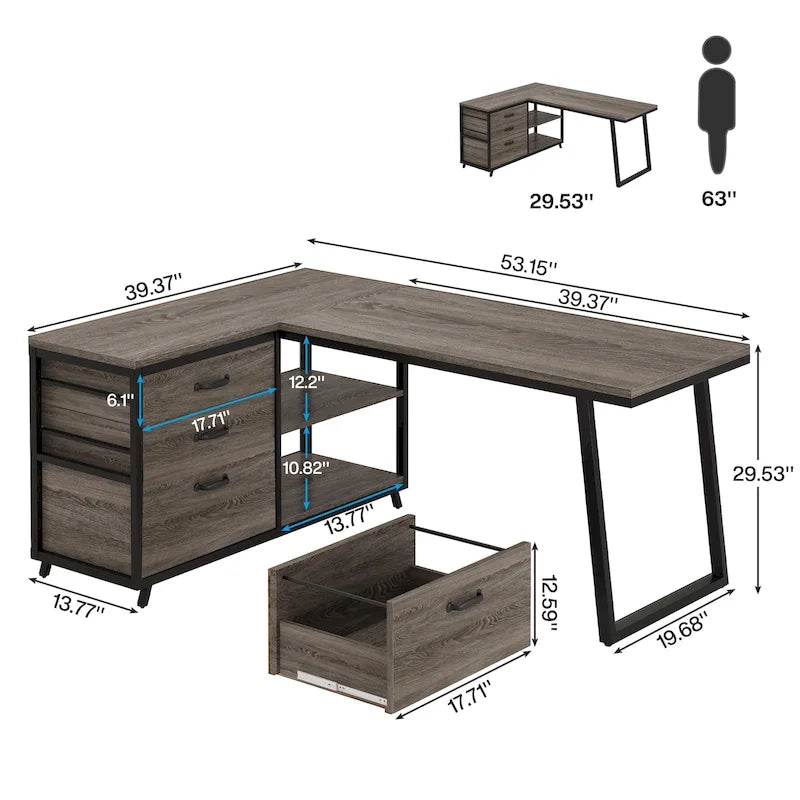 Reversible L Shaped Desk With File Drawers, Corner Computer Desk