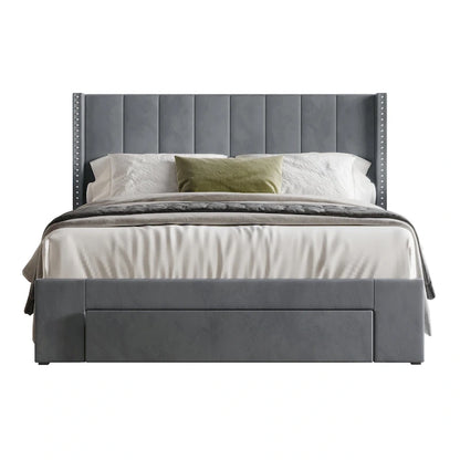 CraftPorch Velvet Wingback Tufted Upholstered Platform Storage Bed