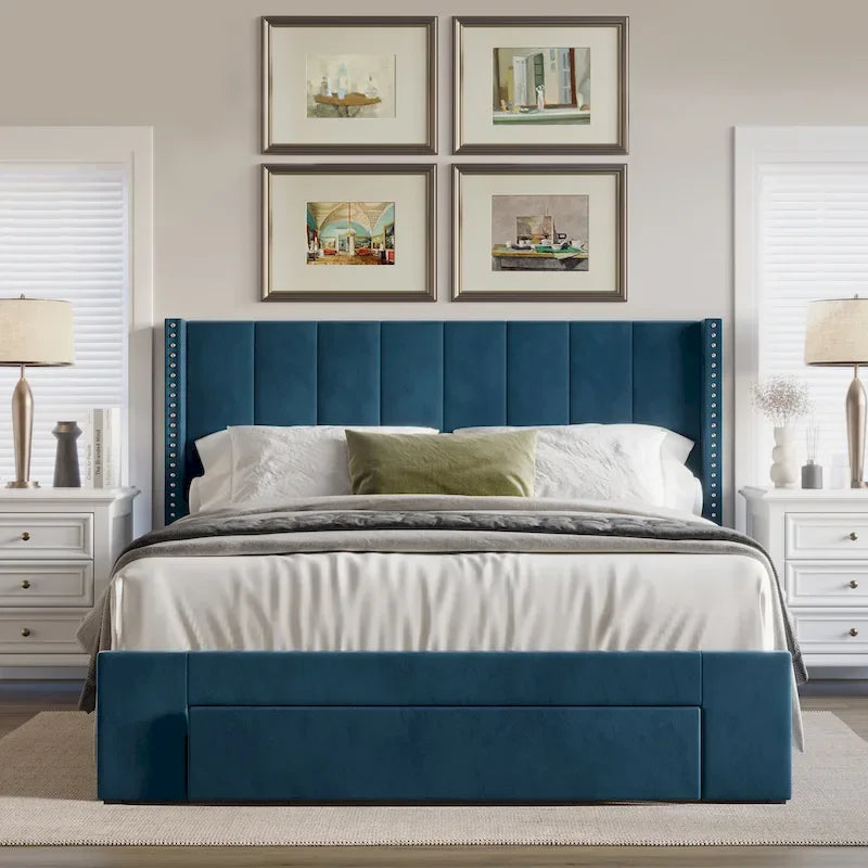 CraftPorch Velvet Wingback Tufted Upholstered Platform Storage Bed