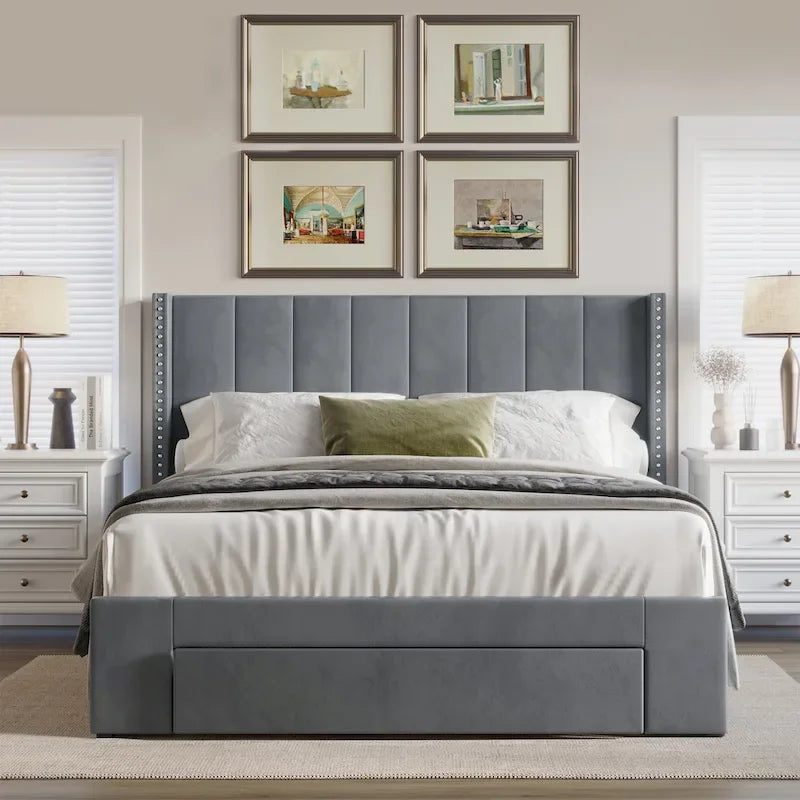 CraftPorch Velvet Wingback Tufted Upholstered Platform Storage Bed