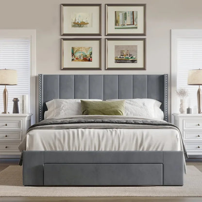 CraftPorch Velvet Wingback Tufted Upholstered Platform Storage Bed