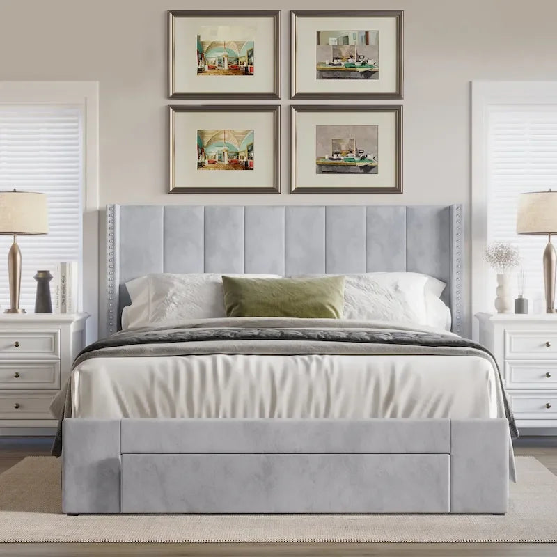 CraftPorch Velvet Wingback Tufted Upholstered Platform Storage Bed