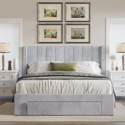 CraftPorch Velvet Wingback Tufted Upholstered Platform Storage Bed