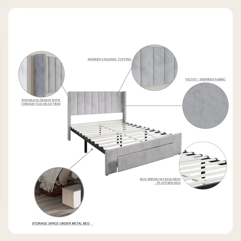 CraftPorch Velvet Wingback Tufted Upholstered Platform Storage Bed