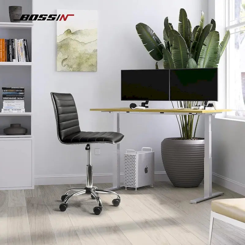 BOSSIN Adjustable Home Office Chair, Mid-Back Armless Ribbed Swivel Task Chair,Vanity Chair for Small Space, Livingroom Make-up