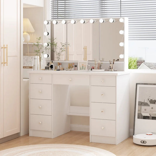 Luxurious LED Makeup Vanity with 9 Drawers Elegant Makeup Station