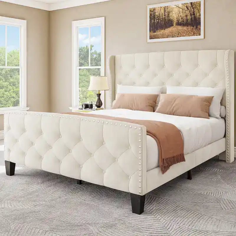 Queen Adjustable Upholstered Headboard Platform Bed Wingback Bed Frame