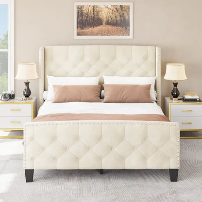 Queen Adjustable Upholstered Headboard Platform Bed Wingback Bed Frame