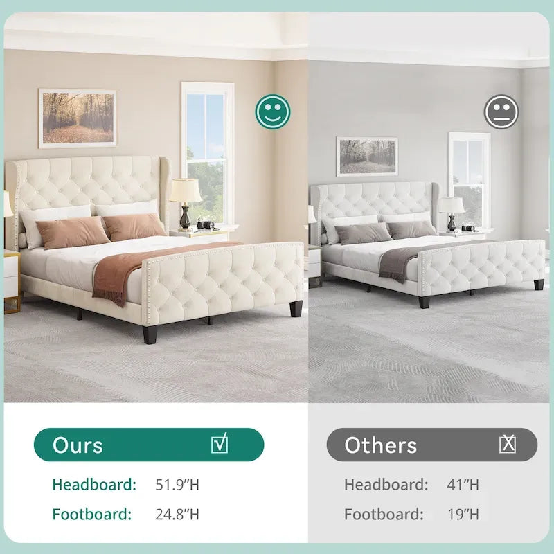 Queen Adjustable Upholstered Headboard Platform Bed Wingback Bed Frame