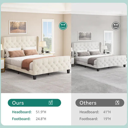 Queen Adjustable Upholstered Headboard Platform Bed Wingback Bed Frame