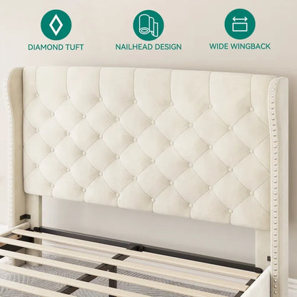Queen Adjustable Upholstered Headboard Platform Bed Wingback Bed Frame