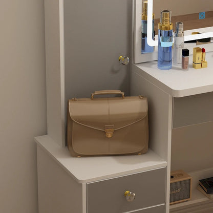 Timechee Makeup Vanity Set with Sliding Lighted Mirror Dressing Table - 33L x 15.7W x 52.4H