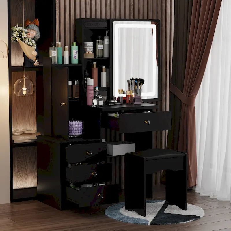 Timechee Makeup Vanity Set with Sliding Lighted Mirror Dressing Table - 33L x 15.7W x 52.4H