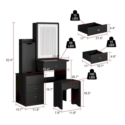 Timechee Makeup Vanity Set with Sliding Lighted Mirror Dressing Table - 33L x 15.7W x 52.4H