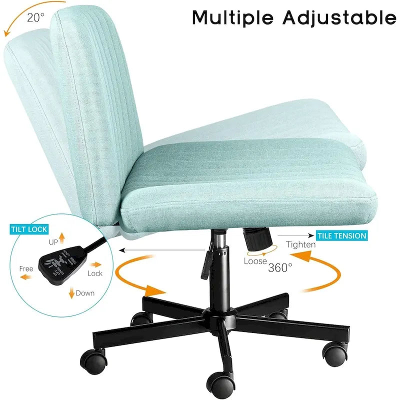 Bossin Criss Cross Chair Armless Office Desk Chair with Wheels,Fabric Padded Cross Legged Chair, Swivel Wide Seat Vanity Chair